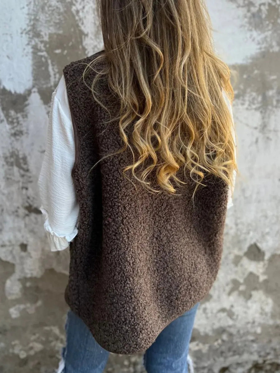 Full Size Pocketed Button Up V - Neck Sherpa Vest - CELIVINE