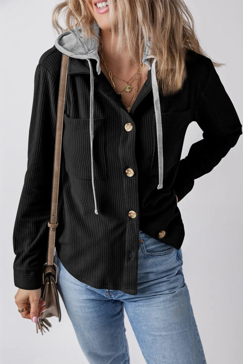 Drawstring Button Up Long Sleeve Hooded Jacket - CELIVINE