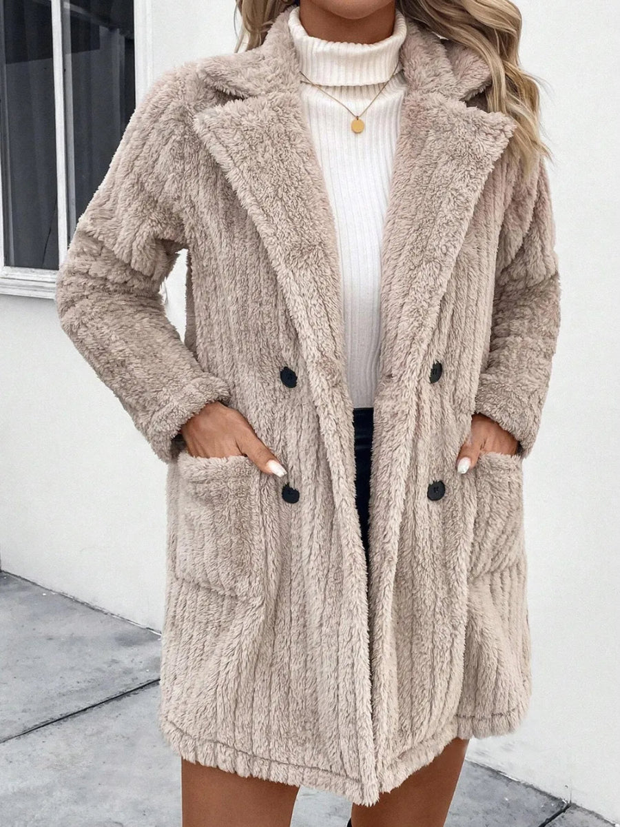 Fuzzy Button Up Long Sleeve Coat with Pockets - CELIVINE