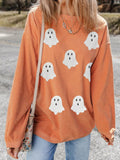 Halloween Ghost Sequin Patched Twisted Ribbed Texture Sweatshirt - CELIVINE