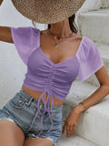 Drawstring Short Sleeve Crop Top - CELIVINE