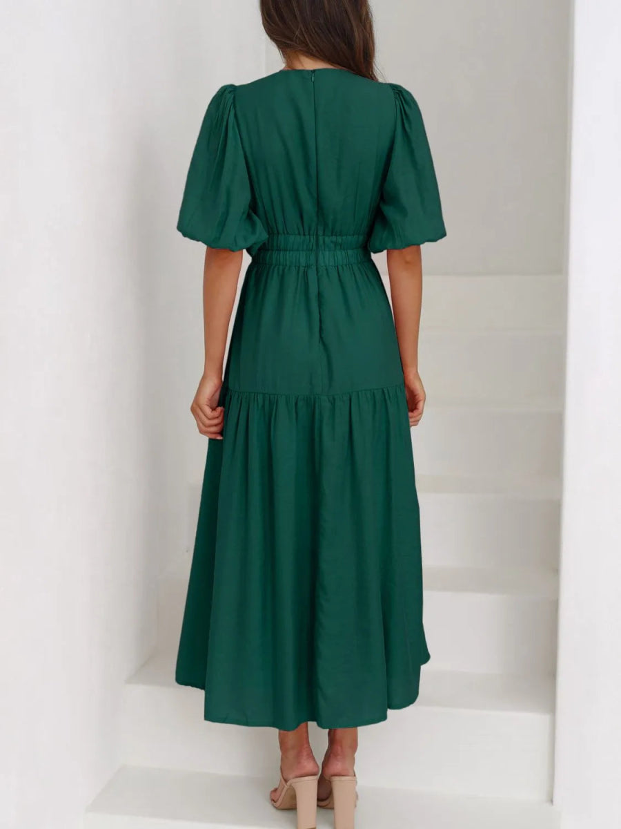 V - Neck Puff Sleeve Midi Dress - CELIVINE