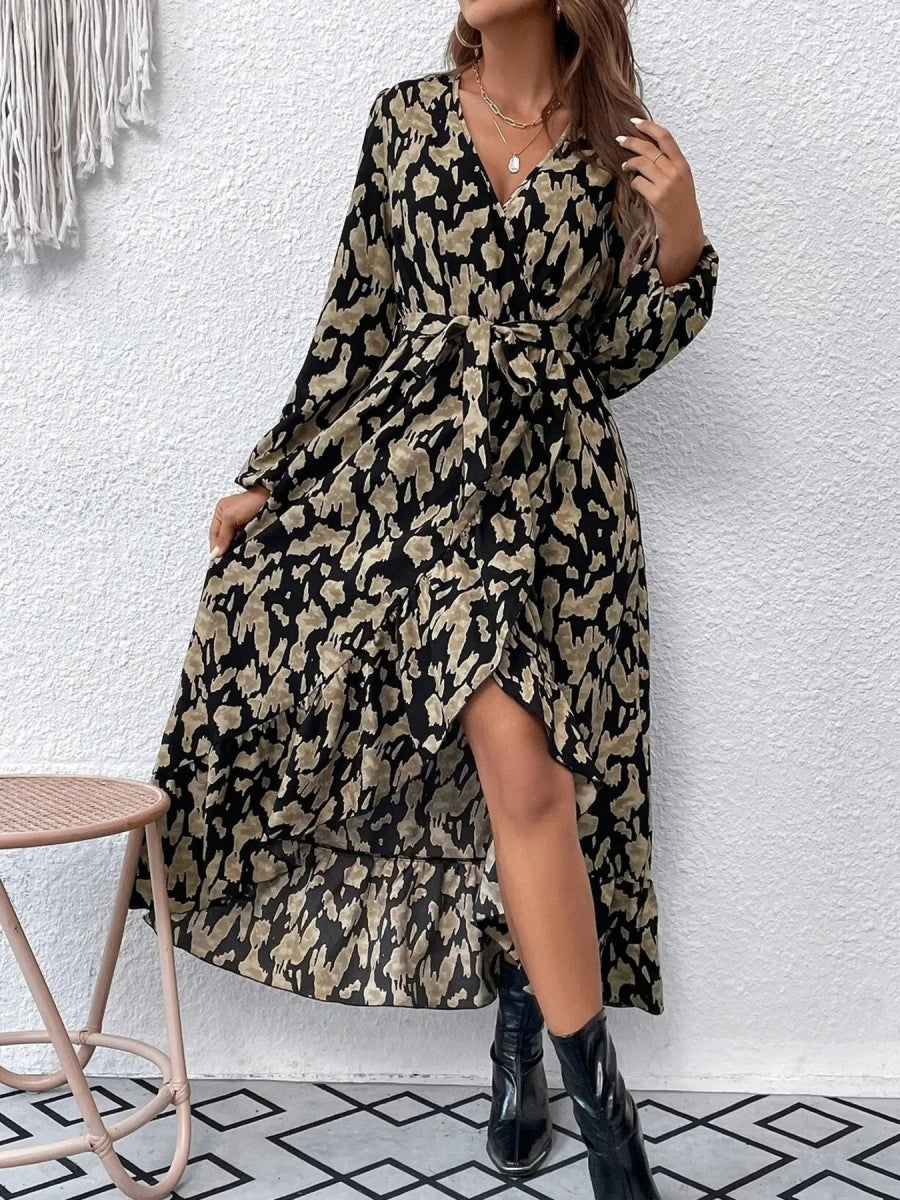 Leopard Surplice Balloon Sleeve Dress - CELIVINE