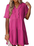Tiered Notched Short Sleeve Mini Dress - CELIVINE