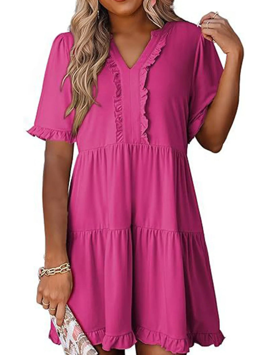 Tiered Notched Short Sleeve Mini Dress - CELIVINE