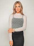 Sheer Mesh Patterned Lettuce Trim Slim Long Sleeve Top - CELIVINE