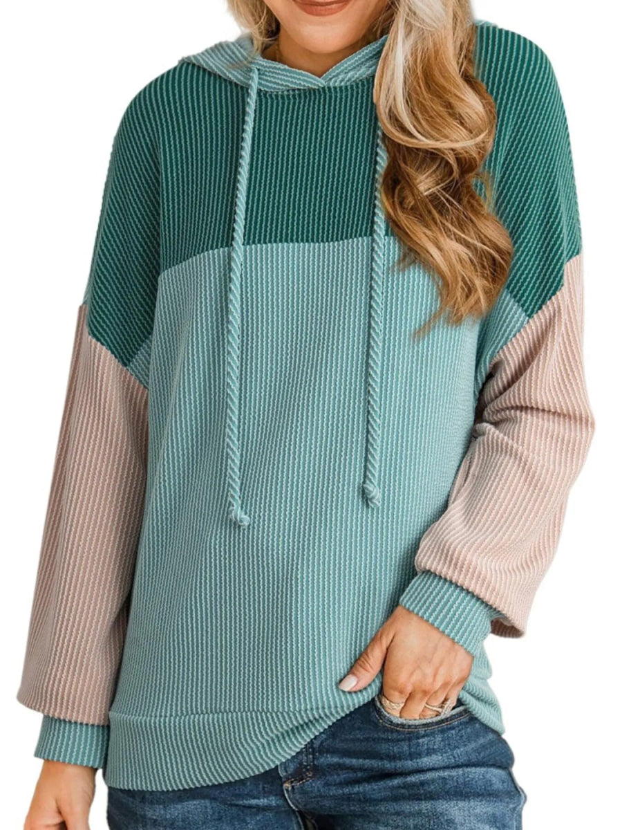 Drawstring Color Block Long Sleeve Hoodie - CELIVINE