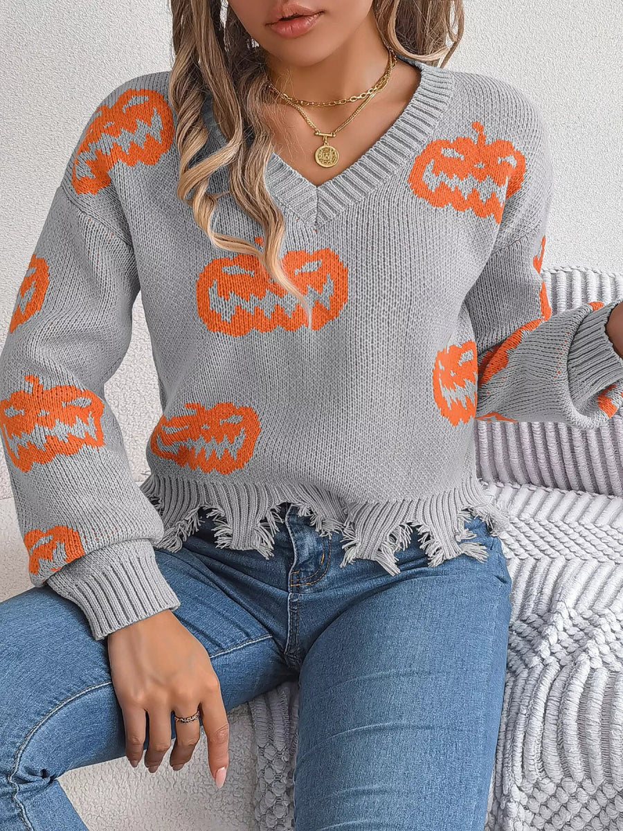 Halloween Pumpkin Pattern Raw Hem V - Neck Sweater - CELIVINE