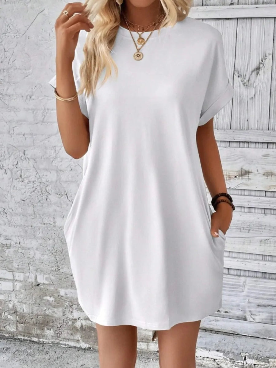 Pocketed Round Neck Short Sleeve Dress - CELIVINE