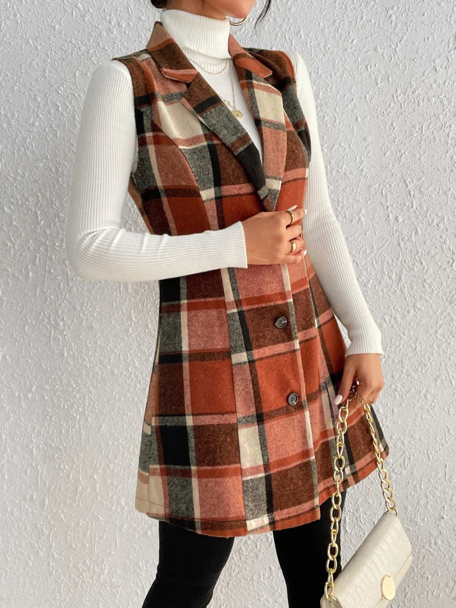 Honey Plaid Button Up Vest Coat - CELIVINE