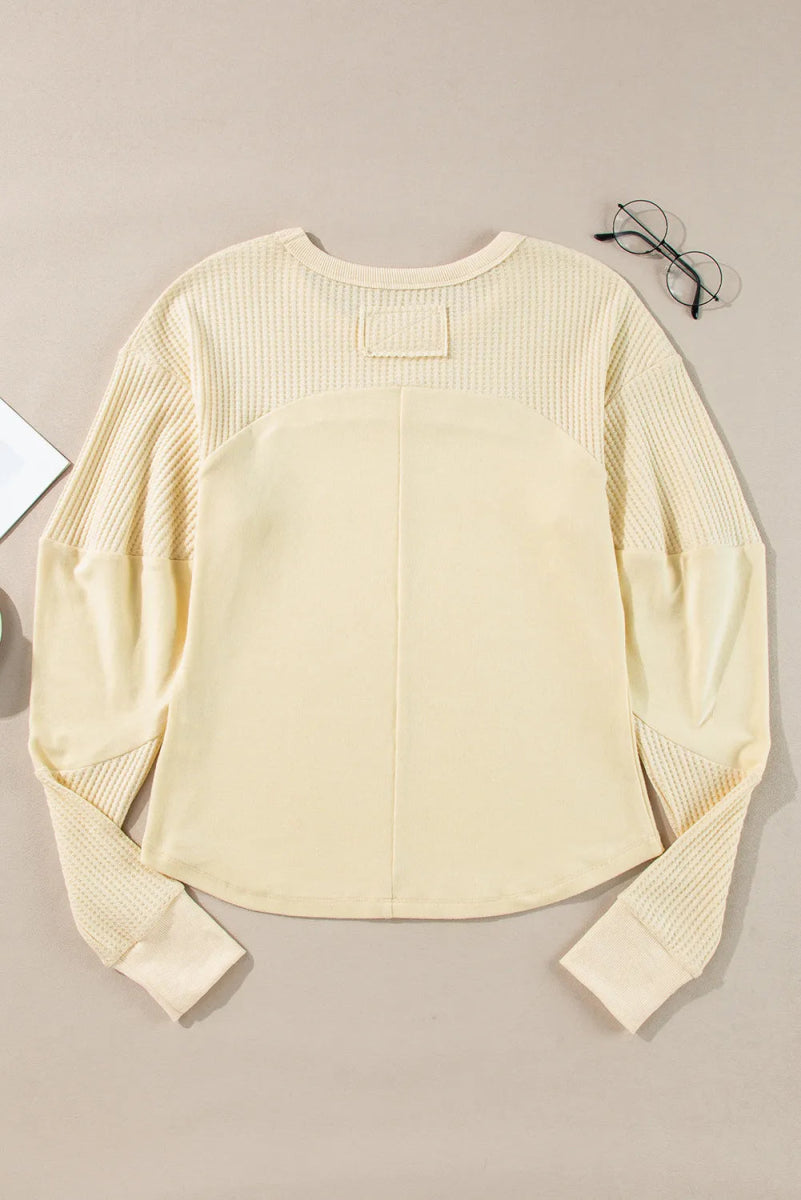 Waffle - Knit Round Neck Long Sleeve Top - CELIVINE