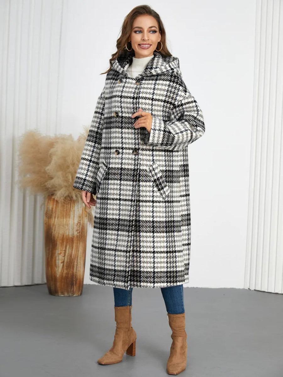 Plaid Double - Breasted Long Sleeve Longline Coat - CELIVINE