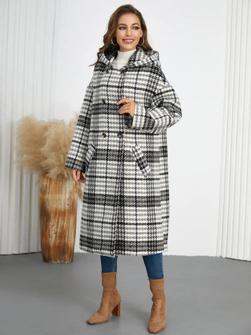 Plaid Double - Breasted Long Sleeve Longline Coat - CELIVINE