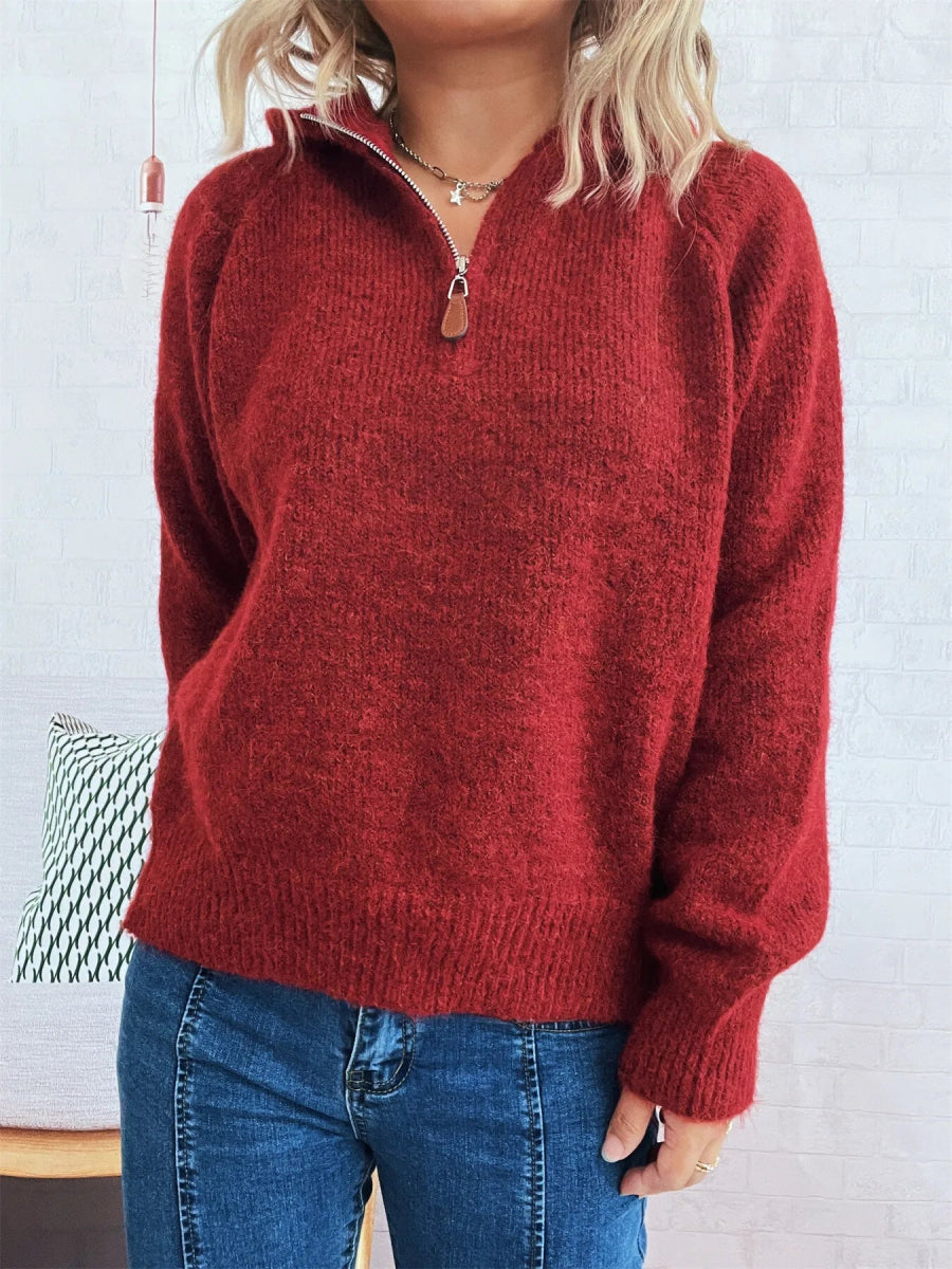 Quarter Zip Ribbed Hem Sweater - CELIVINE