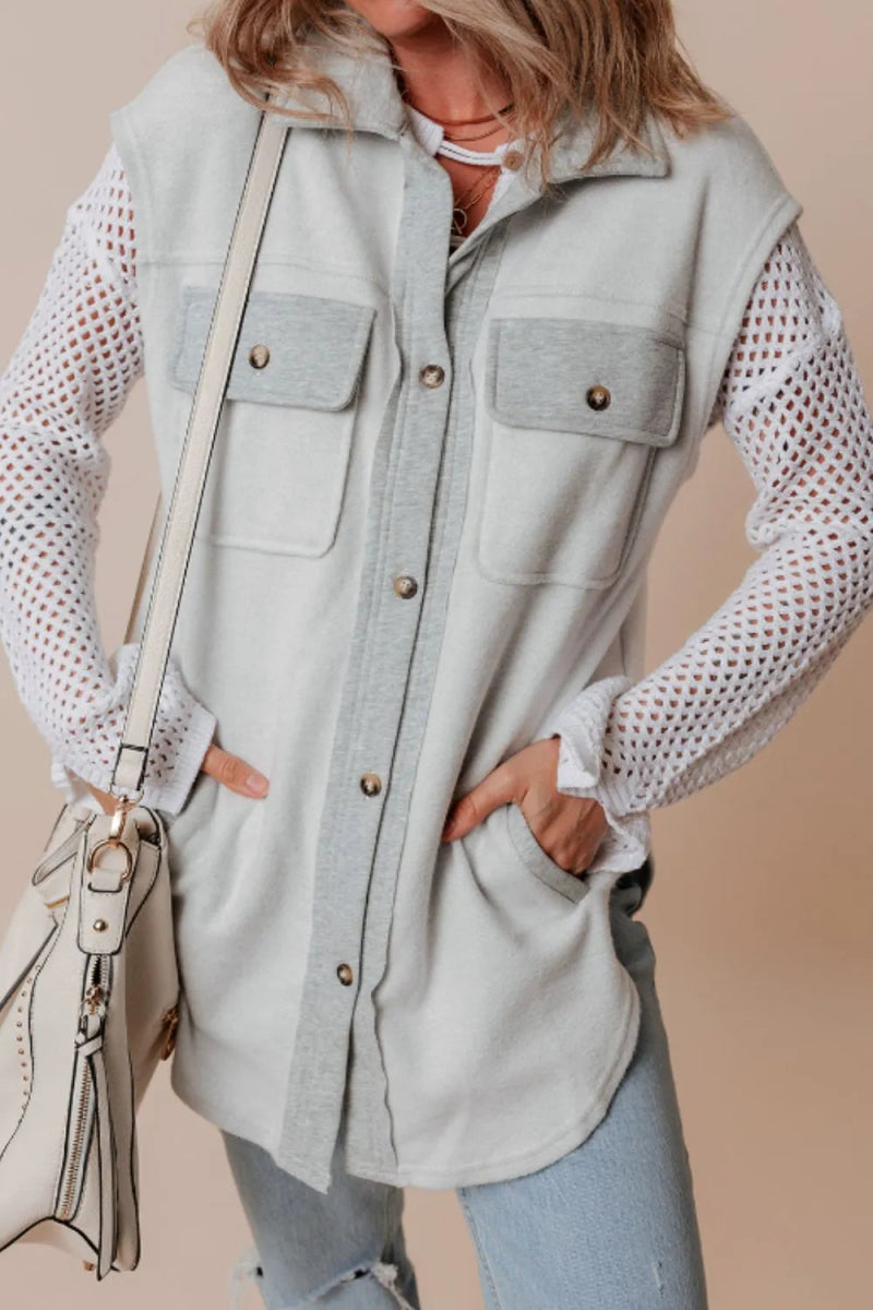 Pocketed Curved Hem Button Up Vest - CELIVINE
