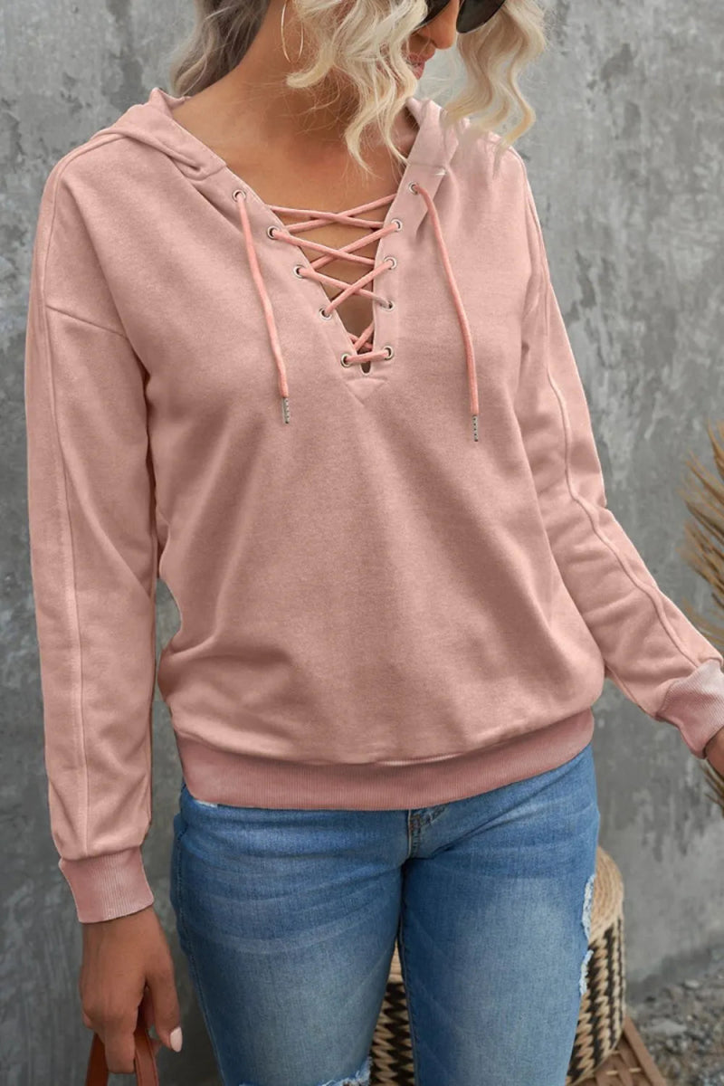 Lace Up Long Sleeve Hoodie - CELIVINE