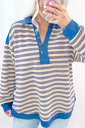 Striped Johnny Collar Long Sleeve Sweatshirt - CELIVINE