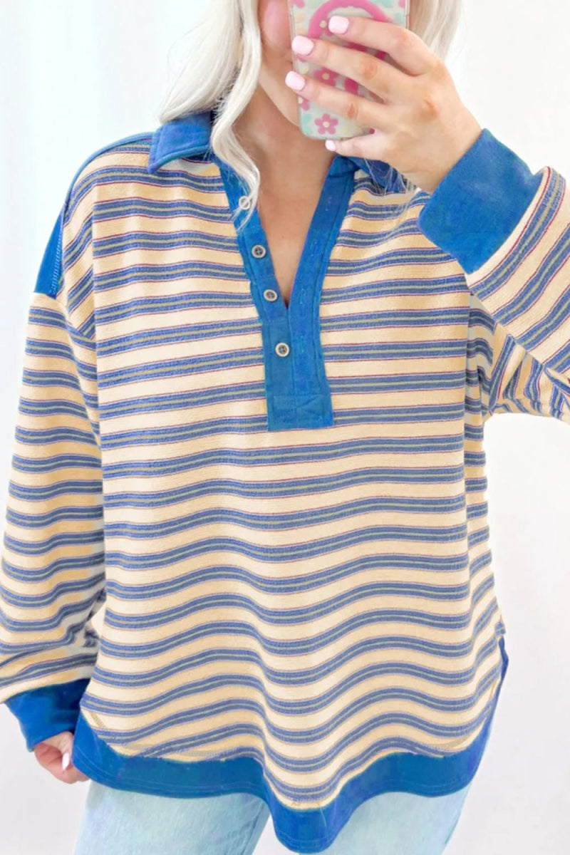 Striped Johnny Collar Long Sleeve Sweatshirt - CELIVINE