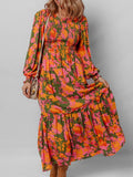 Smocked Floral Print Long Sleeve Maxi Dress - CELIVINE