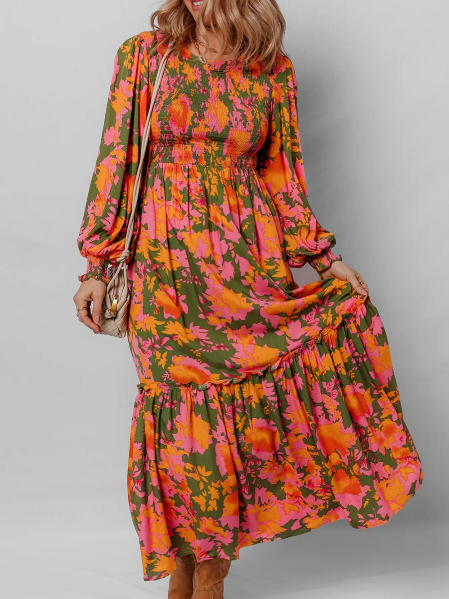 Smocked Floral Print Long Sleeve Maxi Dress - CELIVINE