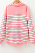 Striped Johnny Collar Long Sleeve Sweatshirt - CELIVINE
