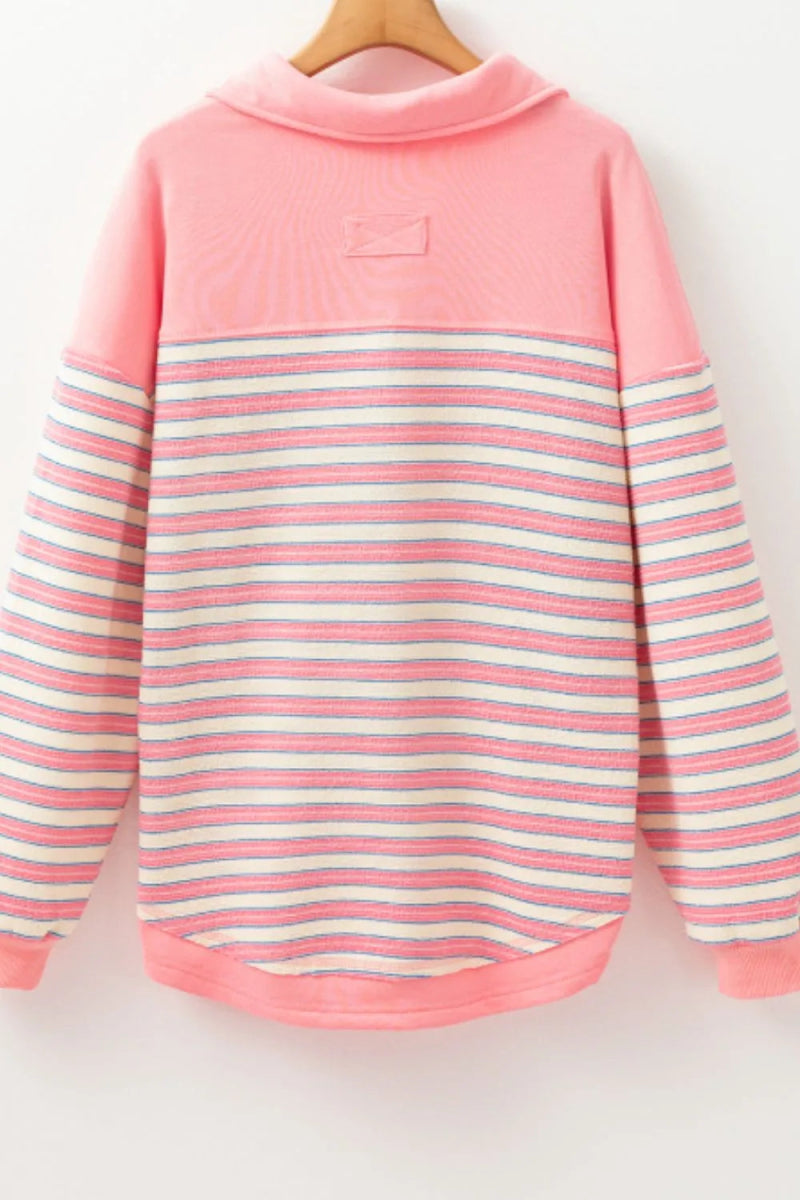 Striped Johnny Collar Long Sleeve Sweatshirt - CELIVINE