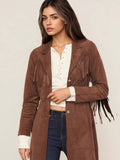 Fringe Lapel Collar Long Sleeve Coat - CELIVINE