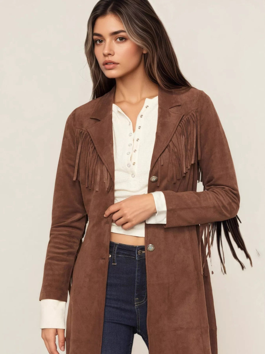 Fringe Lapel Collar Long Sleeve Coat - CELIVINE