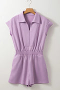 Short Sleeve Zipper Collared Elastic High Waist Romper - CELIVINE
