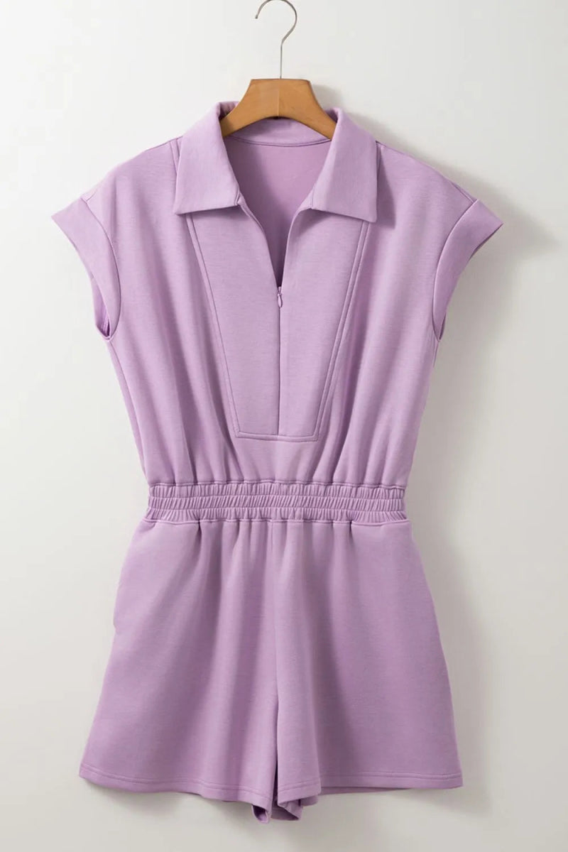 Short Sleeve Zipper Collared Elastic High Waist Romper - CELIVINE