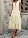 Ivy Lane Decorative Button Notched Sleeveless Dress - CELIVINE