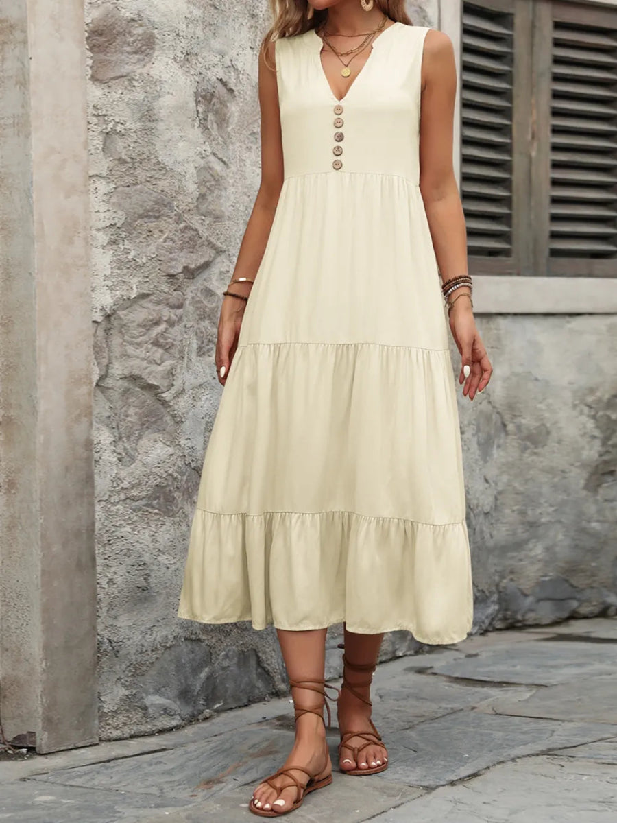 Ivy Lane Decorative Button Notched Sleeveless Dress - CELIVINE