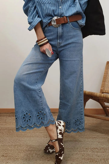 Lace Detail Cropped Wide Leg Jeans - CELIVINE