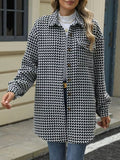 Houndstooth Button Up Long Sleeve Coat - CELIVINE