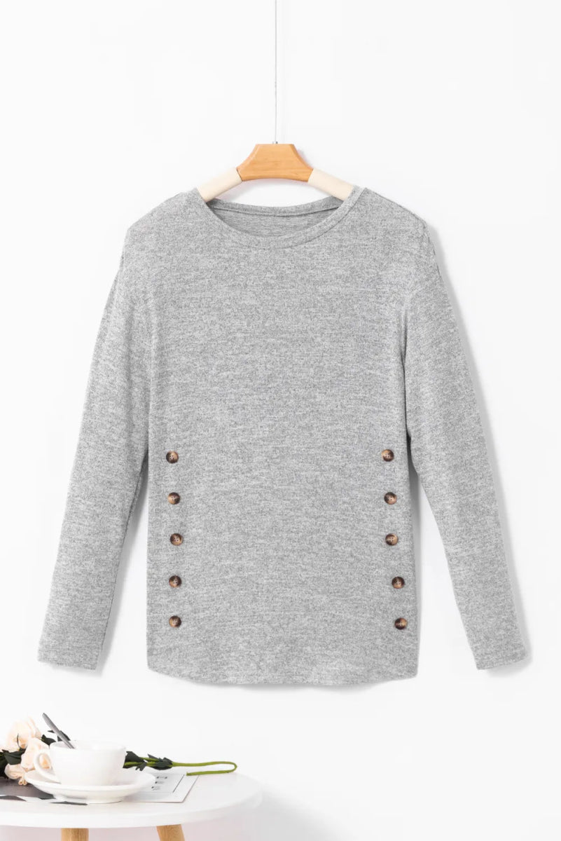 Decorative Button Round Neck Long Sleeve Top - CELIVINE