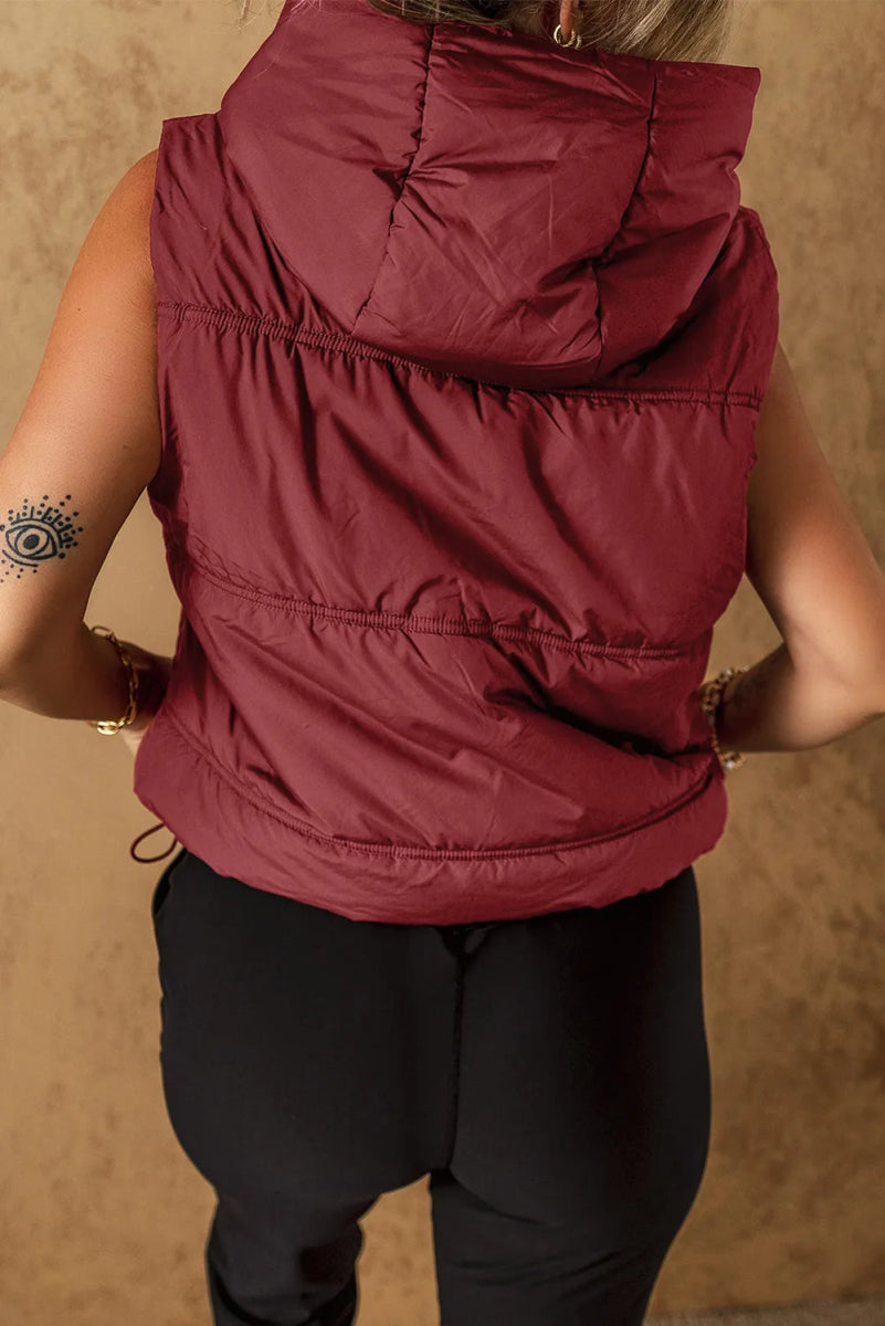 Drawstring Zip Up Hooded Vest Coat - CELIVINE