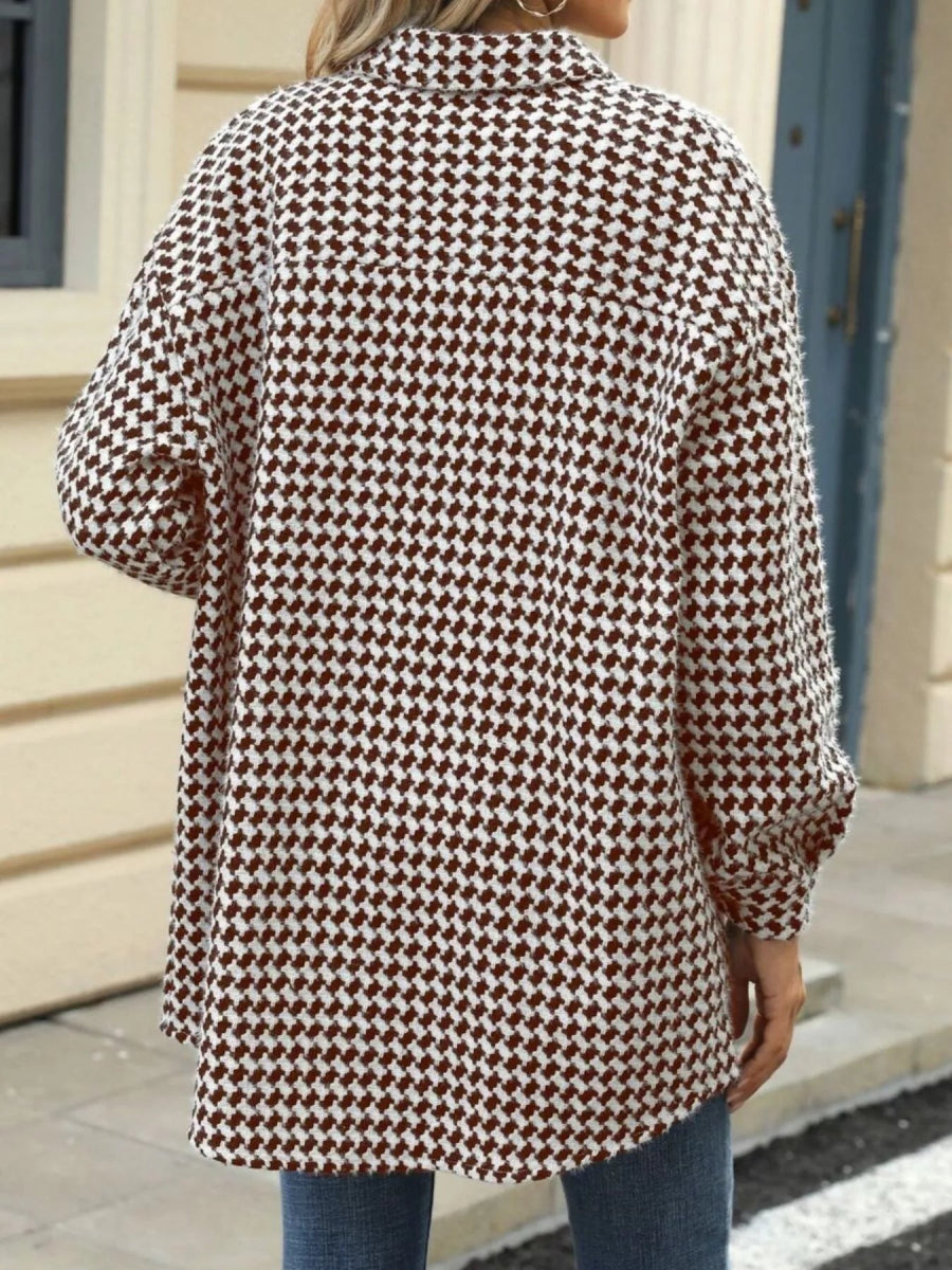 Houndstooth Button Up Long Sleeve Coat - CELIVINE