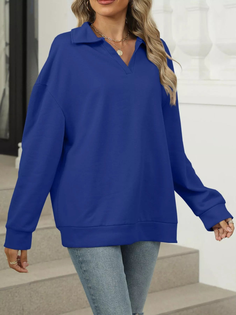 Johnny Collar Drop Shoulder Long Sleeve Sweatshirt - CELIVINE