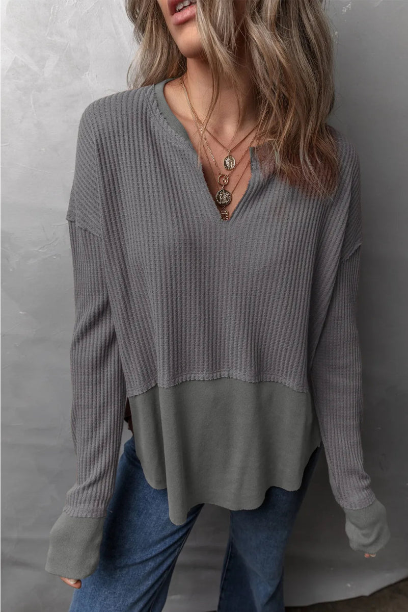 Waffle - Knit Exposed Seam Notched Long Sleeve Top - CELIVINE