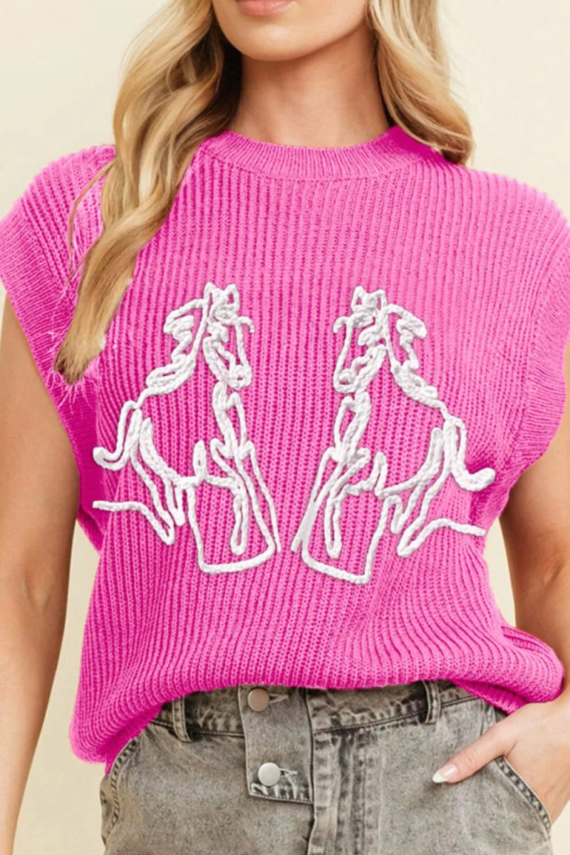 Western Horse Embroidered Round Neck Sweater - CELIVINE