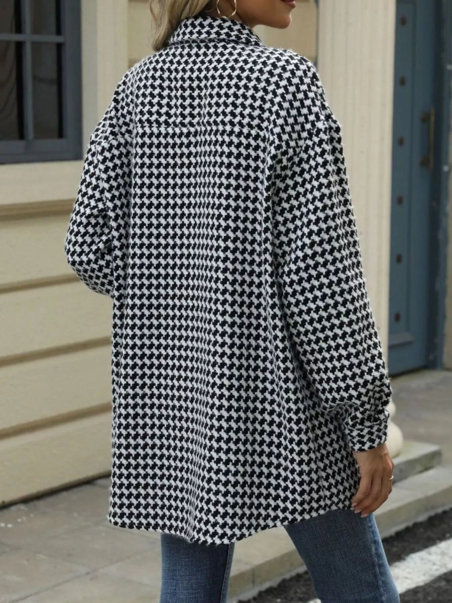 Houndstooth Button Up Long Sleeve Coat - CELIVINE