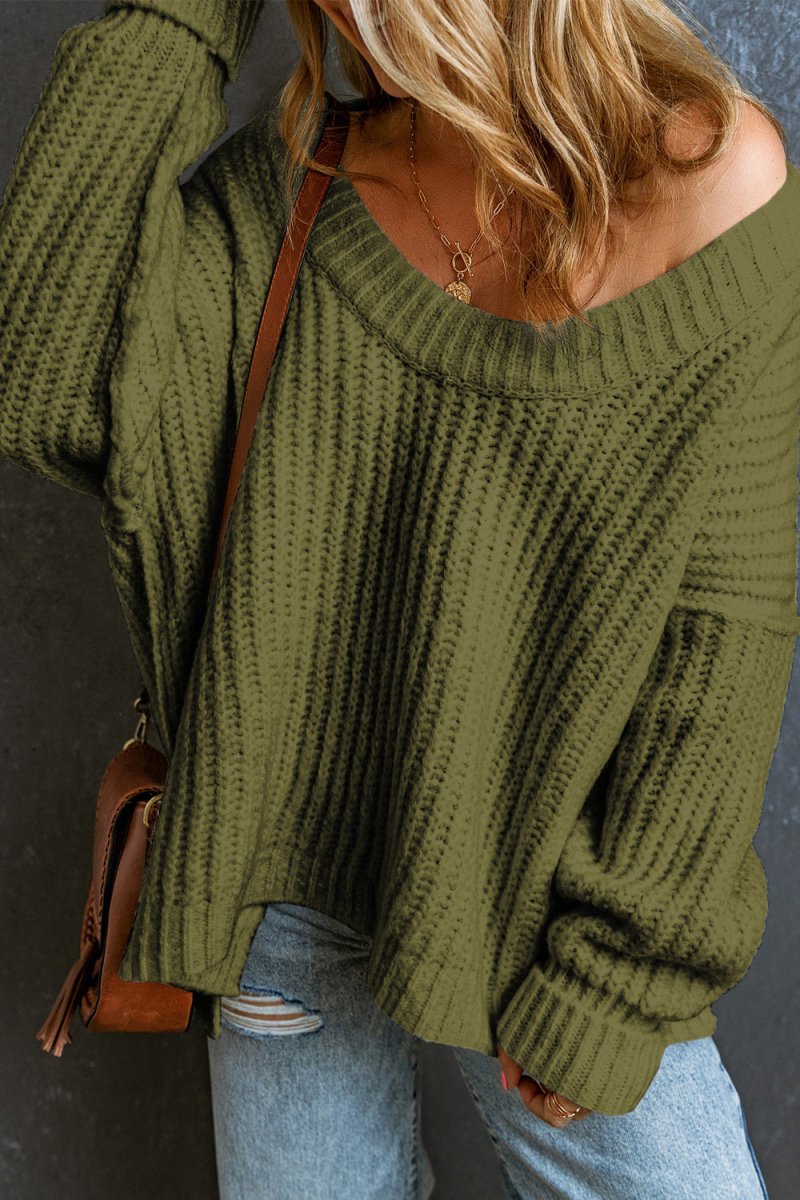 Ribbed Round Neck Dropped Shoulder Sweater - CELIVINE