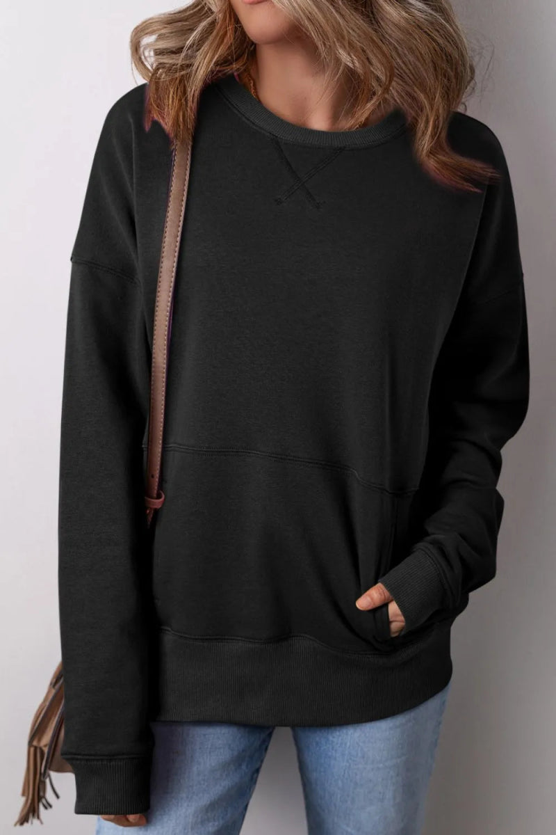 Solid Color Round Neck Long Sleeve Sweatshirt - CELIVINE
