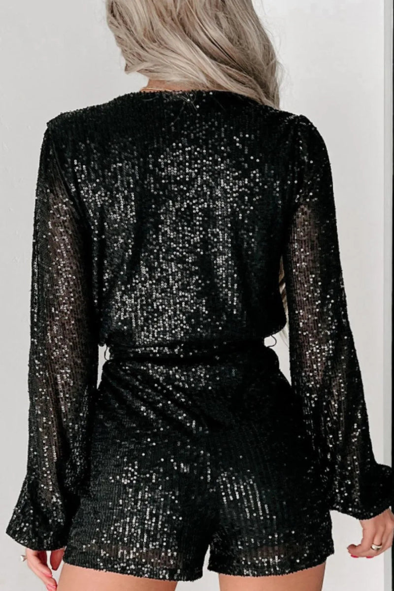 Sequin Surplice Long Sleeve Romper - CELIVINE
