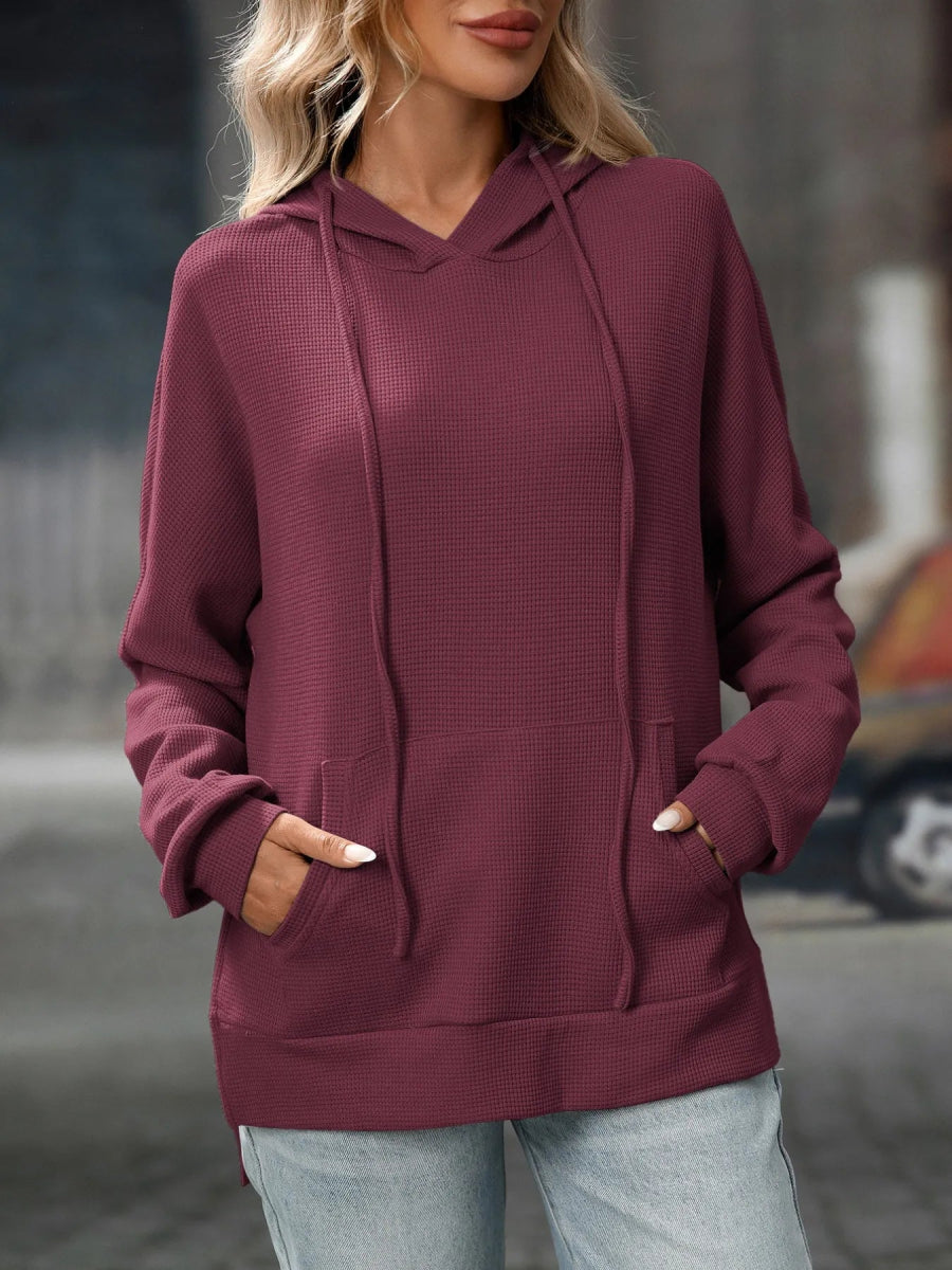 Textured Drawstring Long Sleeve Hoodie - CELIVINE