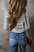 Striped V - Neck Long Sleeve Top - CELIVINE