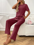 Ribbed Knit Short Sleeve Top and Pants Lounge Set - CELIVINE