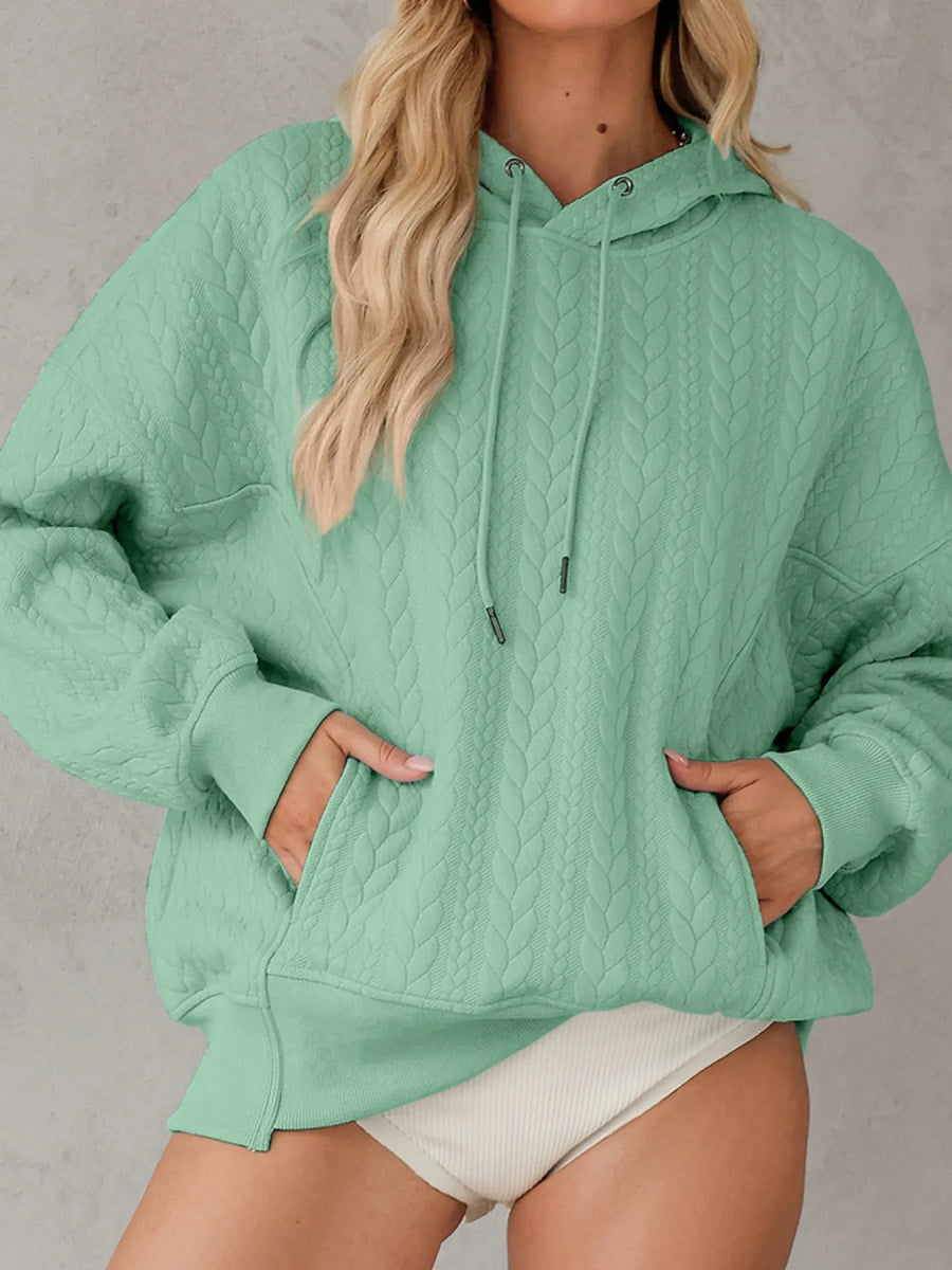 Drawstring Textured Baggy Solid Hoodie - CELIVINE