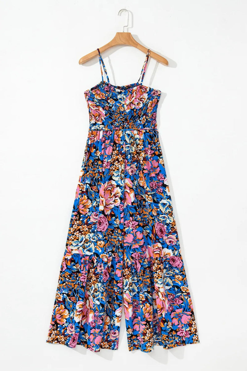 Floral Smocked Spaghetti Straps Wide Leg Jumpsuit - CELIVINE