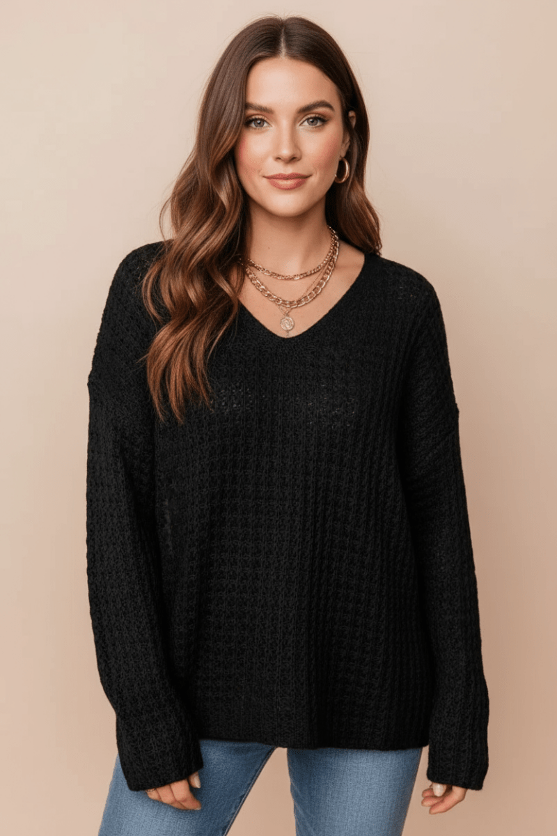 Openwork Round Neck Long Sleeve Sweater - CELIVINE